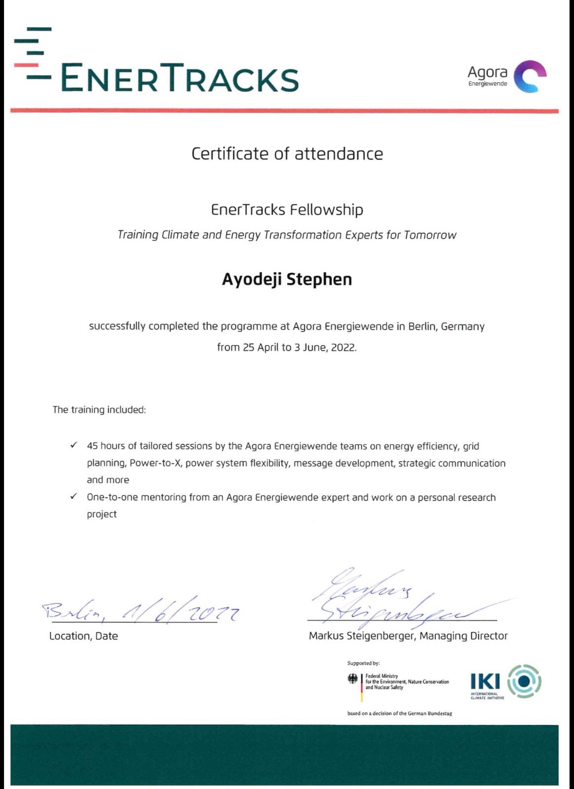 EnerTracks Fellowship certificate awarded to Ayodeji Stephen