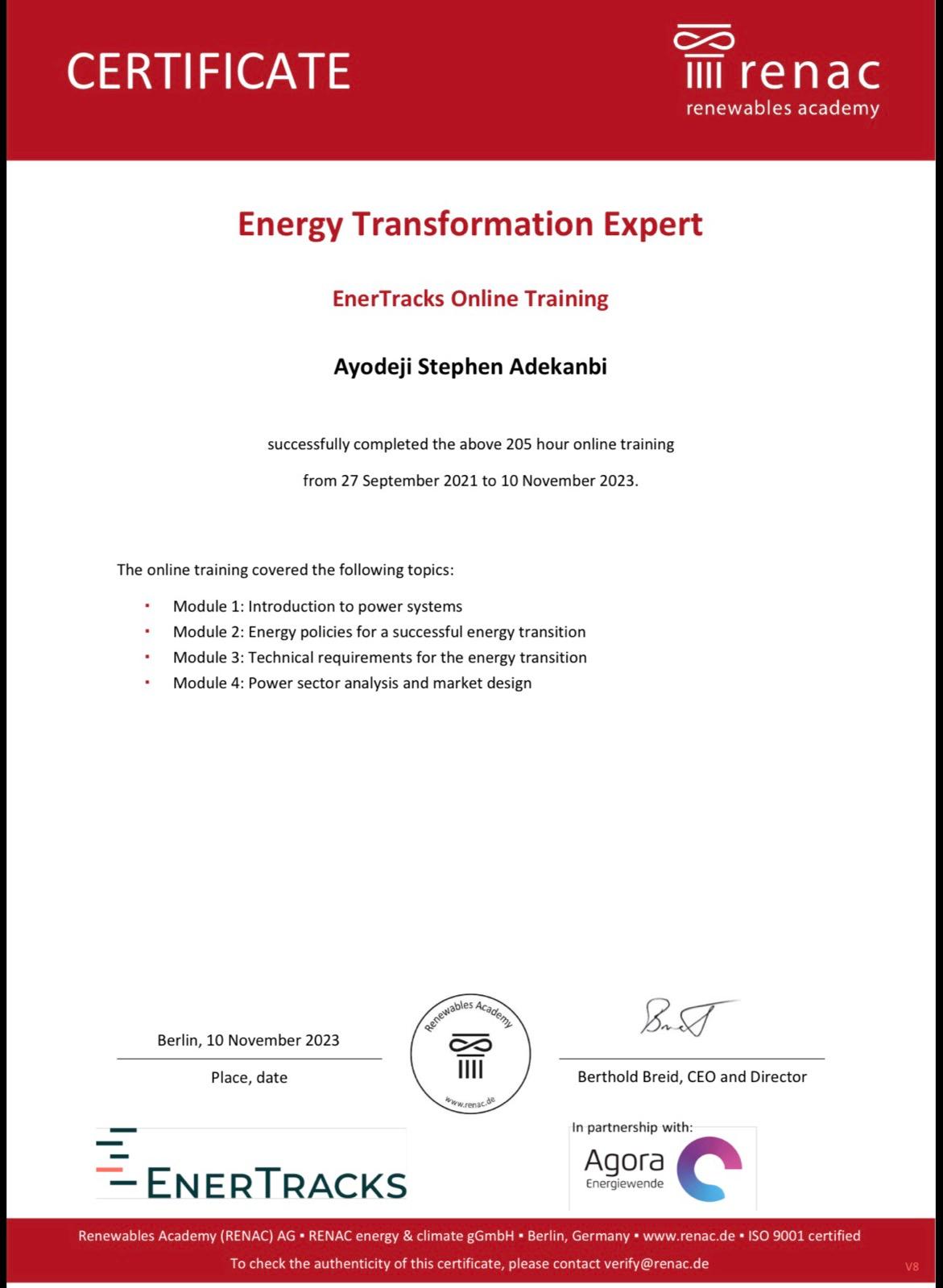 Energy Transformation Expert certificate awarded to Ayodeji Stephen by RENAC